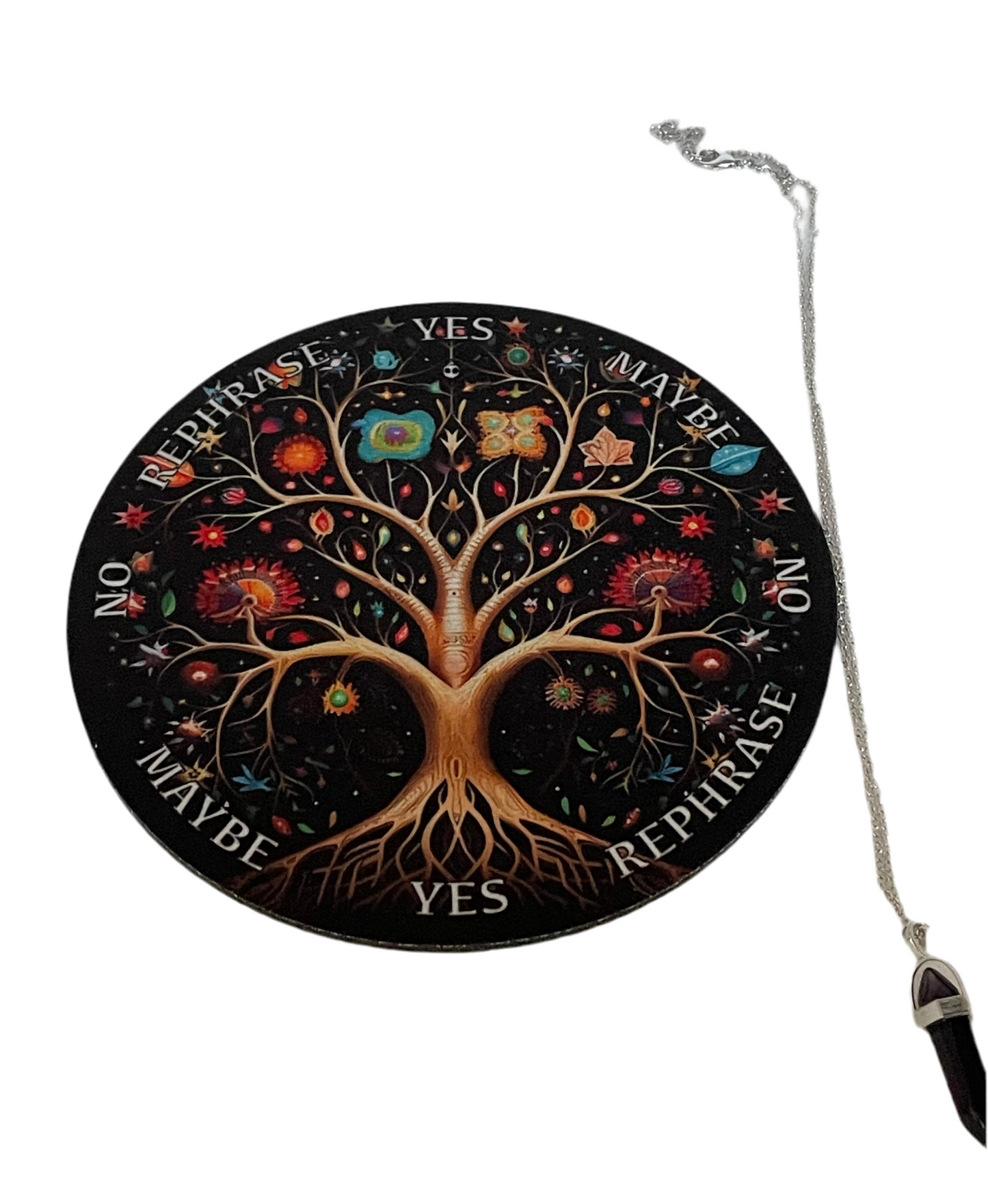 Tree magic altar mat with divining pendulum