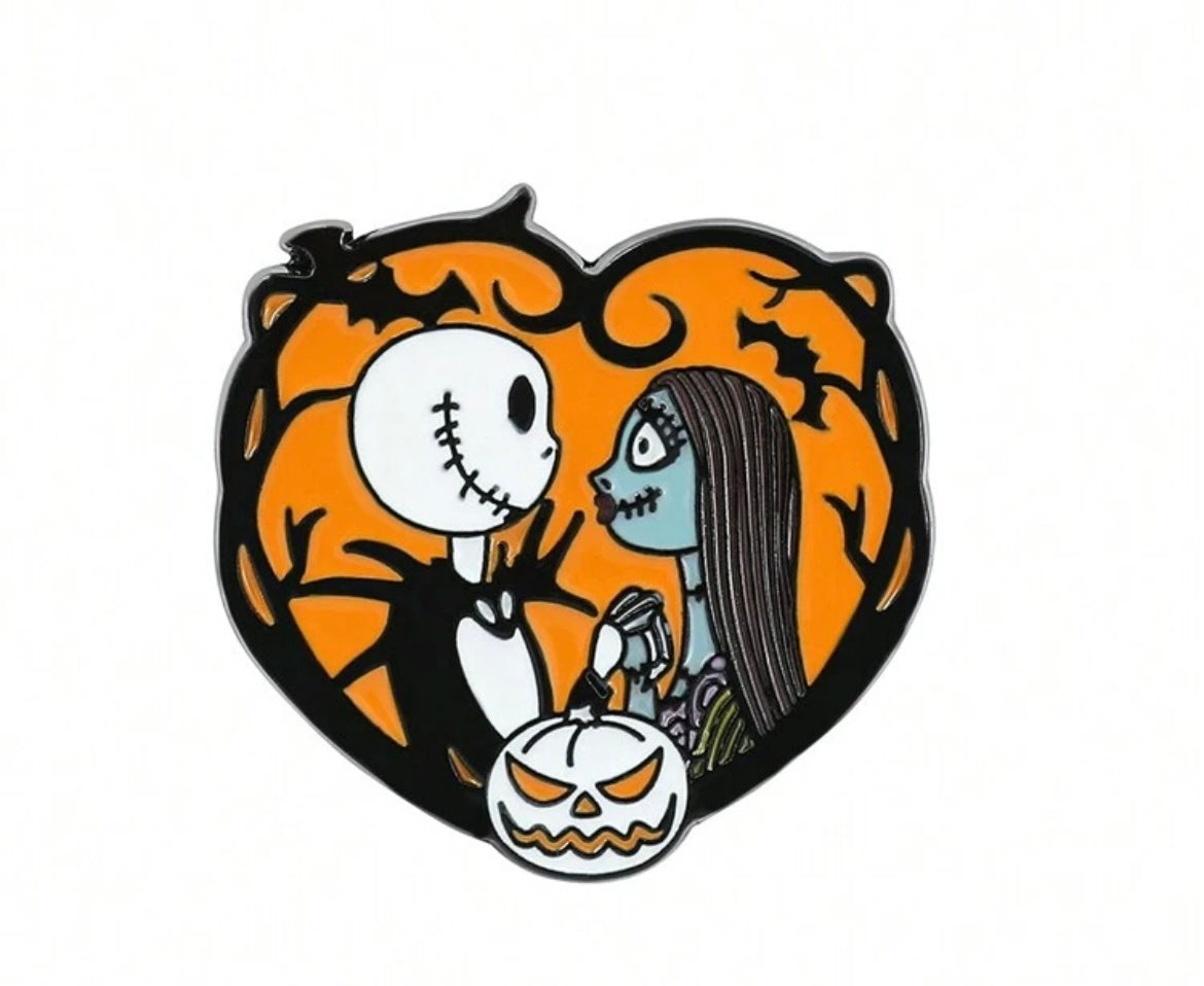 Jack and Sally Pumpkin Love heart pin