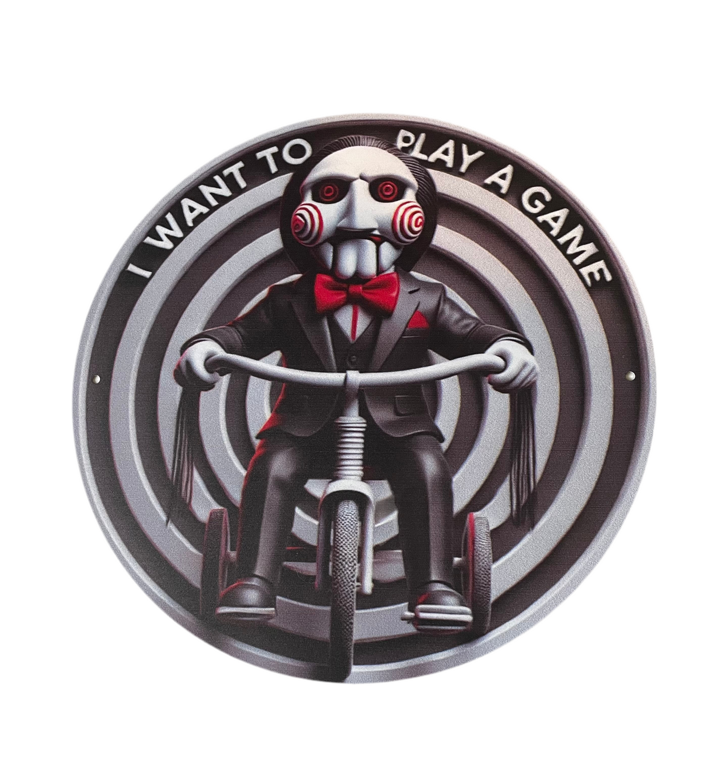 Saw Billy on tricycle metal sign