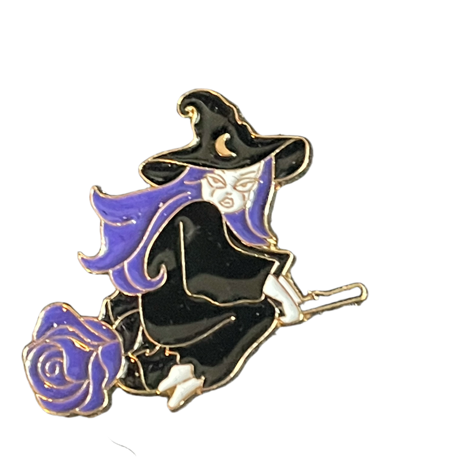 Witch on a broomstick pin badge