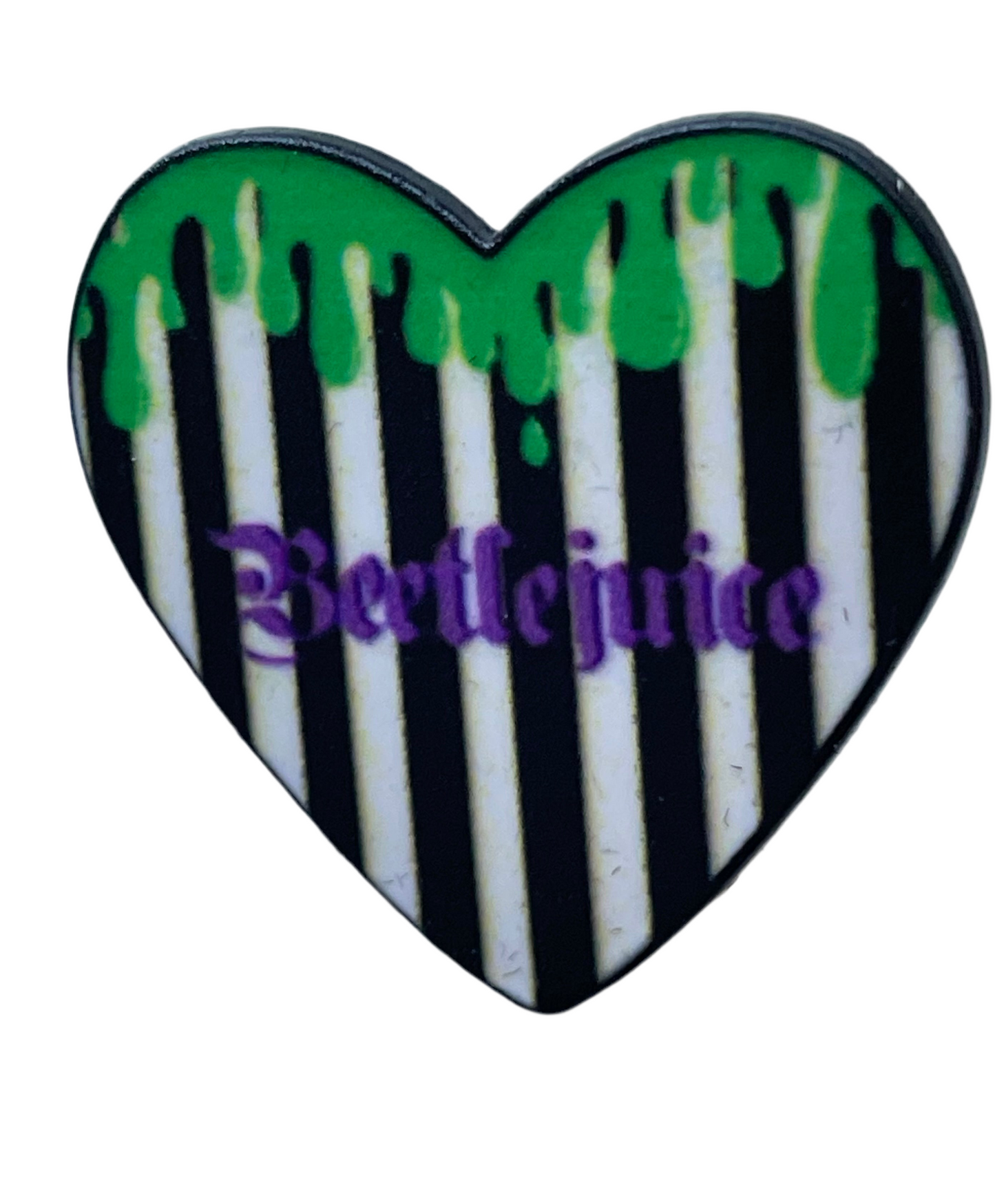 Beetlejuice heart and stripes pin badge
