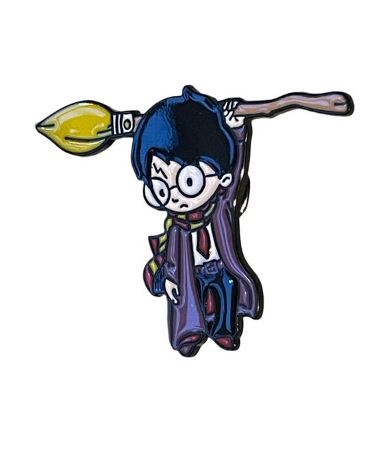 Harry Potter hanging on a broomstick pin badge