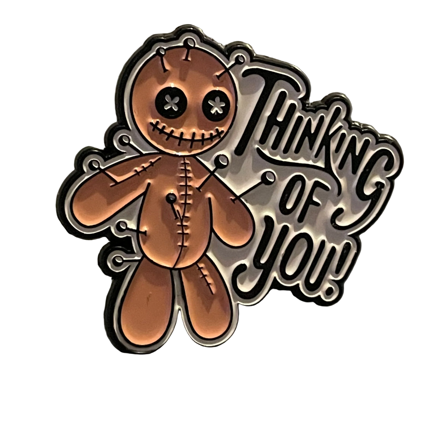 Voodoo doll thinking of you pin badge
