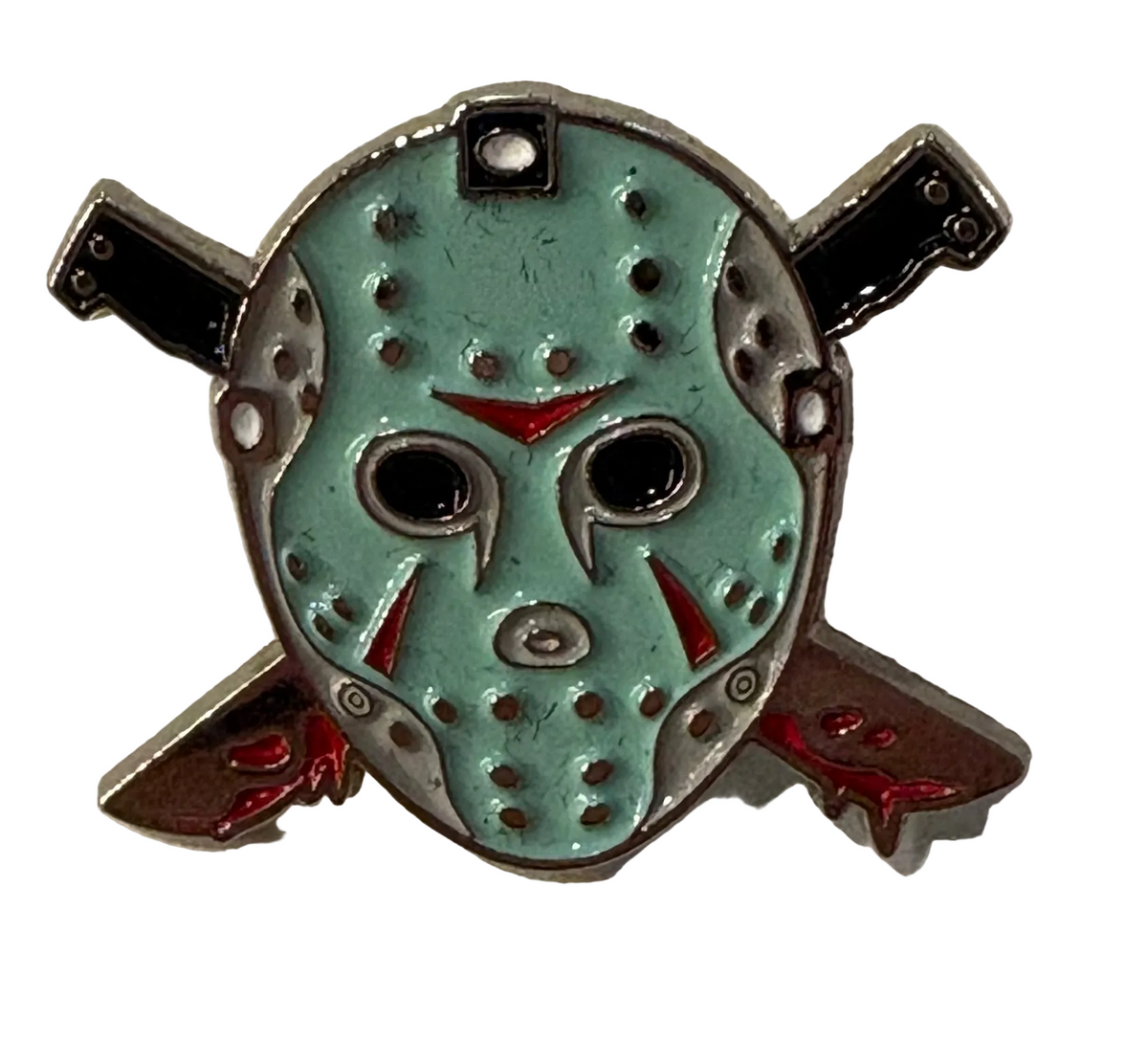 Jason Voorhees green mask with knives pin badge