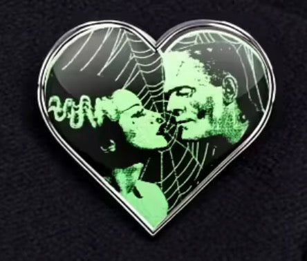 Frankenstein and Bride heart shaped pin