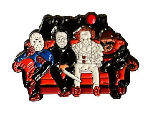 Four guys on a sofa pin badge