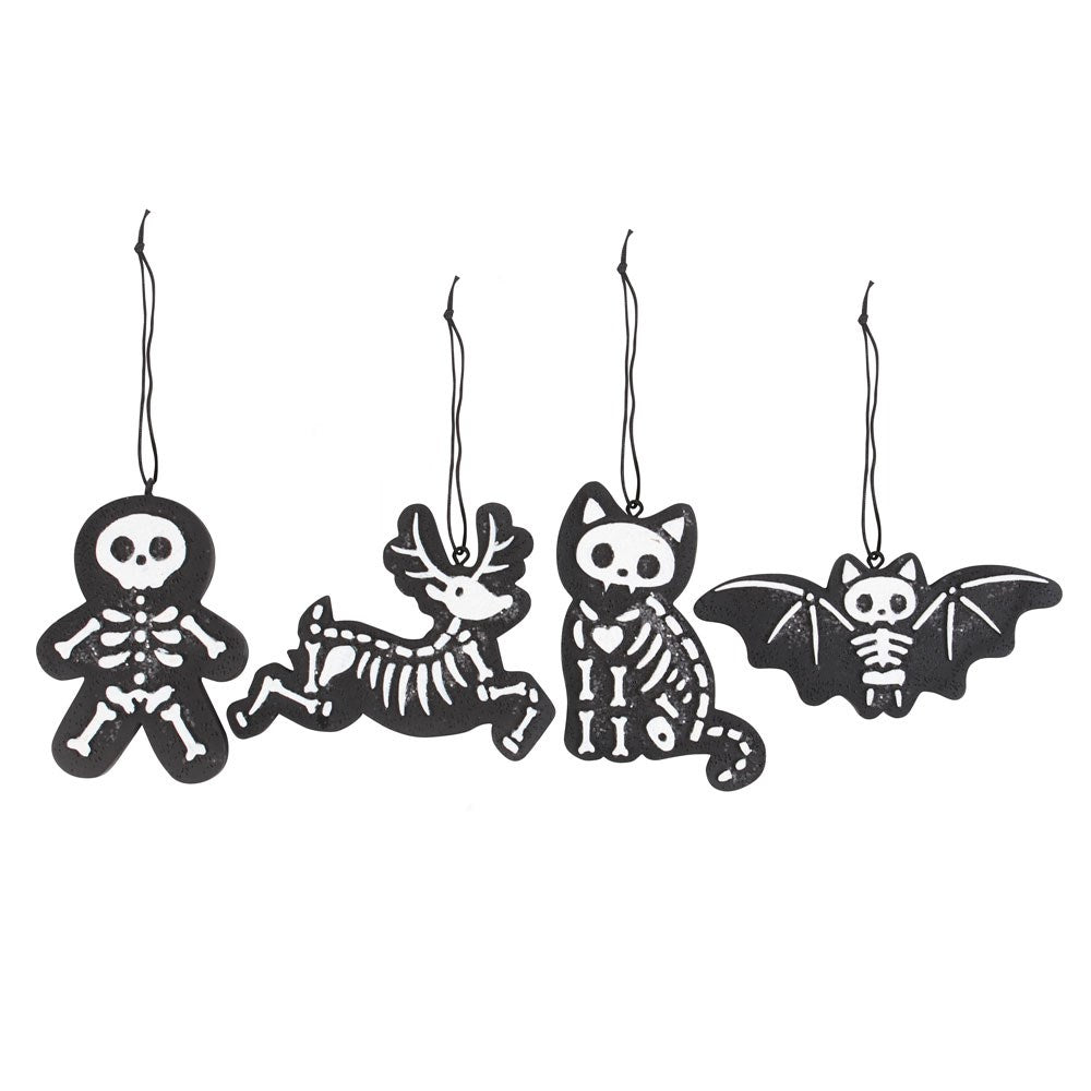 Set of 4 Black Creepy Skeleton Hanging Ornaments