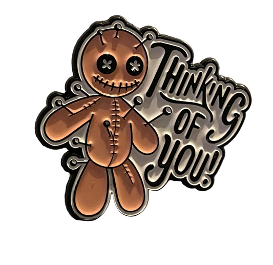 Voodoo doll thinking of you pin badge