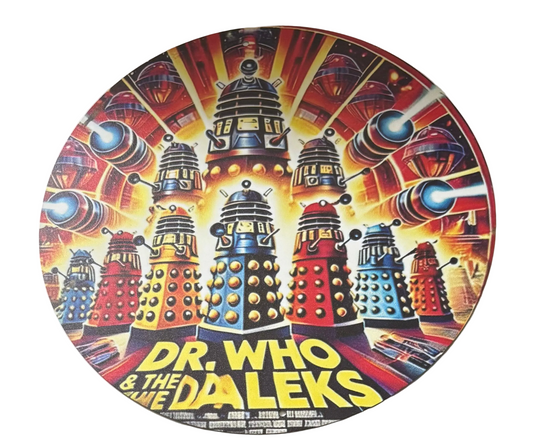 Dr Who and the Daleks round sign