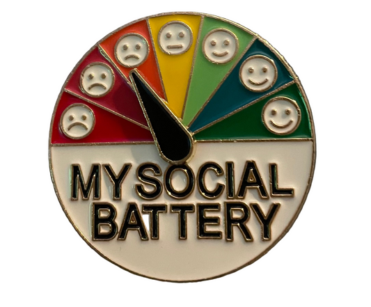 My social battery pin badge