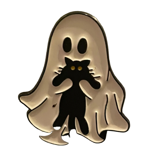 Ghost holding outstretched cat pin badge