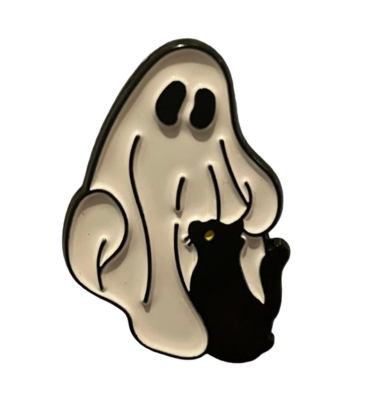 Ghost with cat at it’s feet looking up pin badge