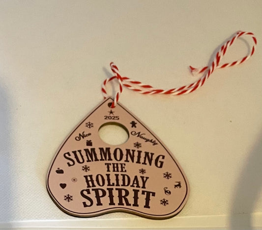 Summoning the holiday spirit white hanging ornament