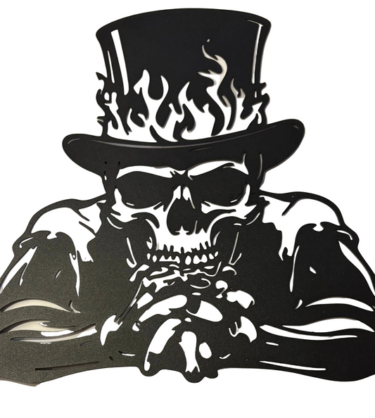 Top hat gothic flame metal sign