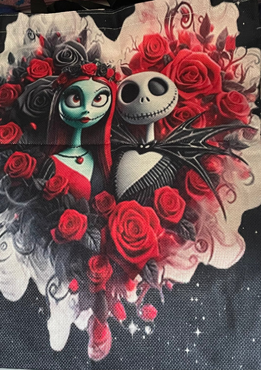 Jack and Sally heart and roses tote bag